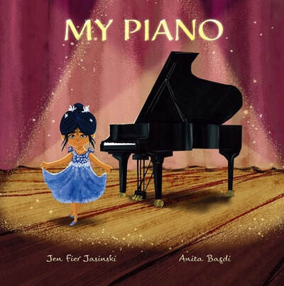 girl on stage curtsying next to piano